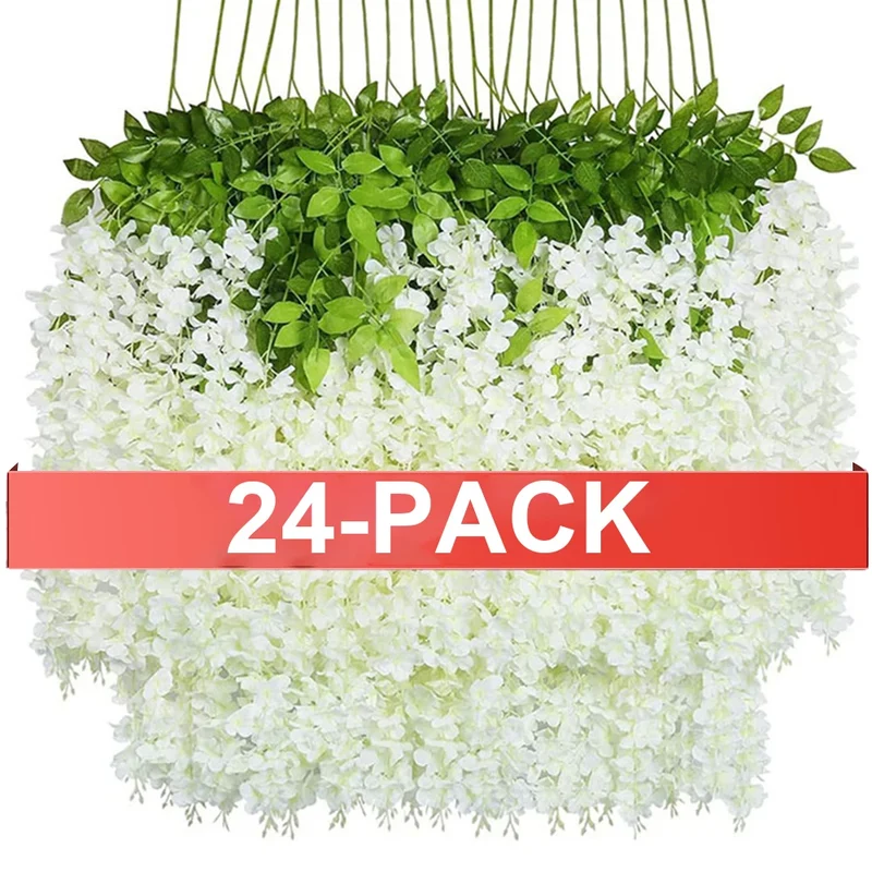 24PCS Artificial Wisteria Flowers Hanging Garland Fake Ivy Vine Flower String for Arch Wedding Party Home Room Decoration Flower