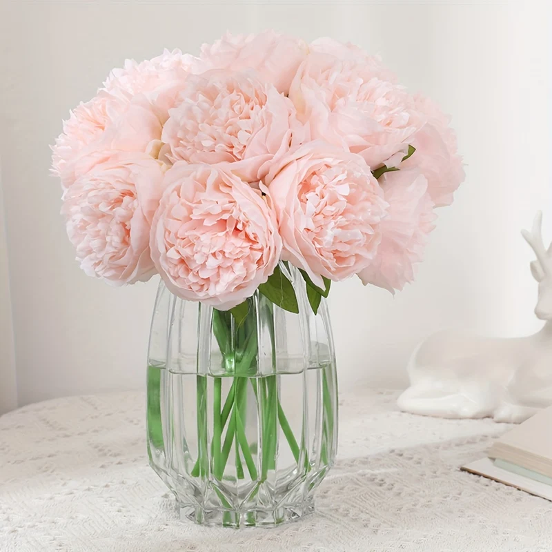 1 Bunch of 5 Handmade Peonies - Pink Artificial Flowers for Home Decor, Wedding Decorations, and Photography Props, Realistic Polyester Fabric, Perfect for Vases or Table Centerpieces, Seasonal Decoration | Realistic Floral A