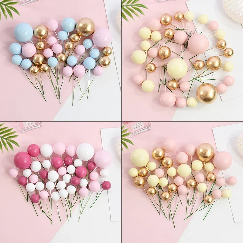 32Pcs/set Ball Cake Toppers Pink Gold Pearl Balls Cupcake Topper For Kids Happy Birthday Party Wedding Decorations Supplies