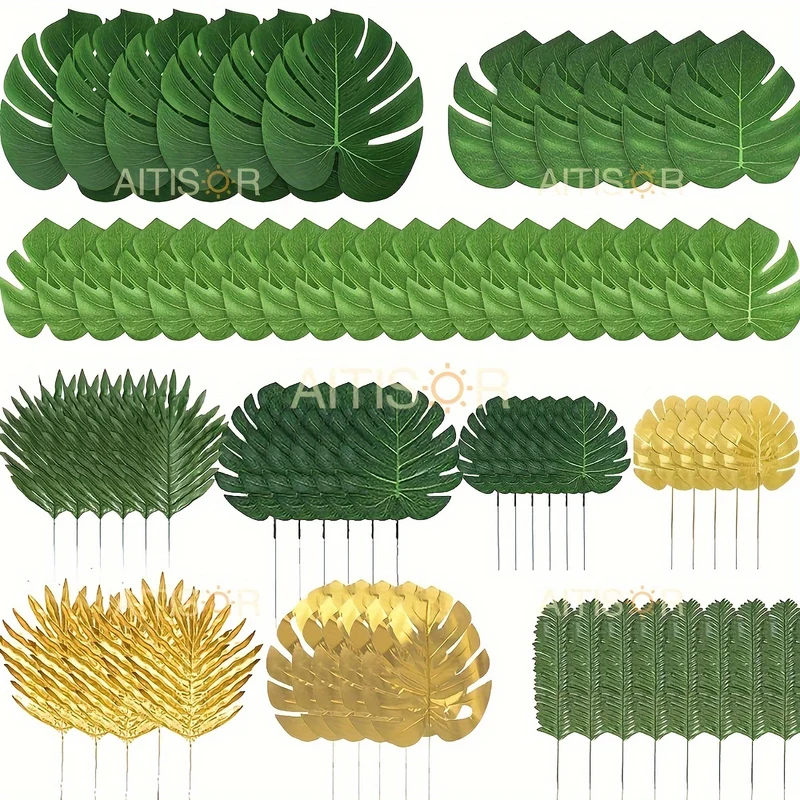 72pcs 10 Kinds Artificial Tropical Palm Leaves Tropical Leaves Monstera Leaves Safari Jungle Leaf with Stems for Hawaiian Luau Party Beach Table Wedding Shower Birthday Theme Decorations