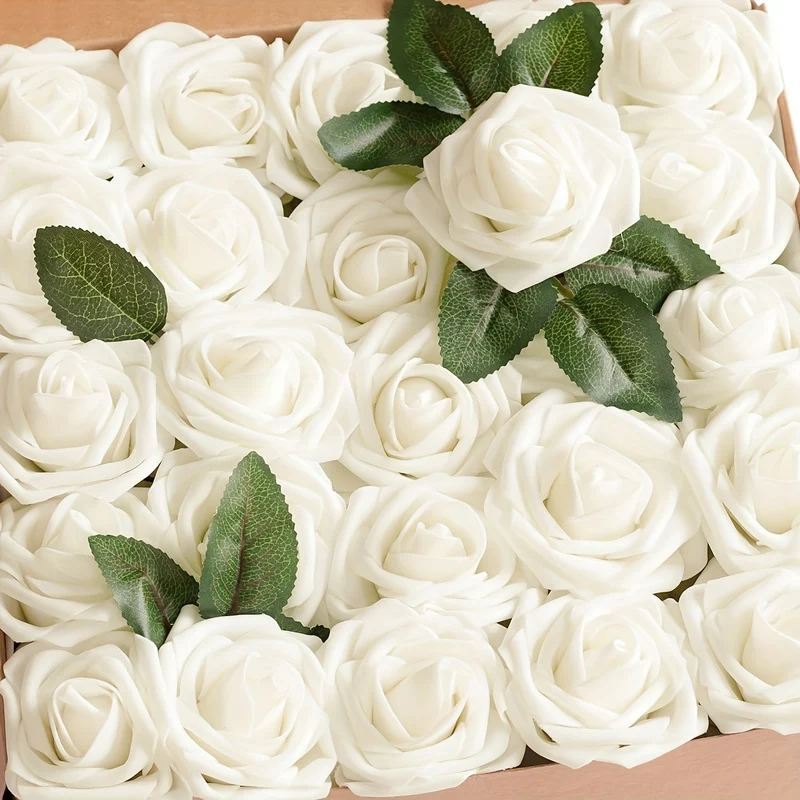 Ivory Artificial Roses, 25pcs - DIY Wedding Flowers with Stem for Bouquets, Boutonnieres, Centerpieces, Party Supplies, Holiday Decorations
