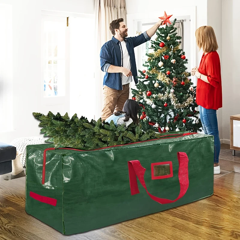 1pc Large Capacity Waterproof Christmas Tree Storage Bag - Durable Handles, Labeling Card Slot, and Easy-Carry Design - Fits 7.5/9 Ft Artificial Xmas Tree, Green/Red Zippered Storage with Protective Interior and Reinforced Bo