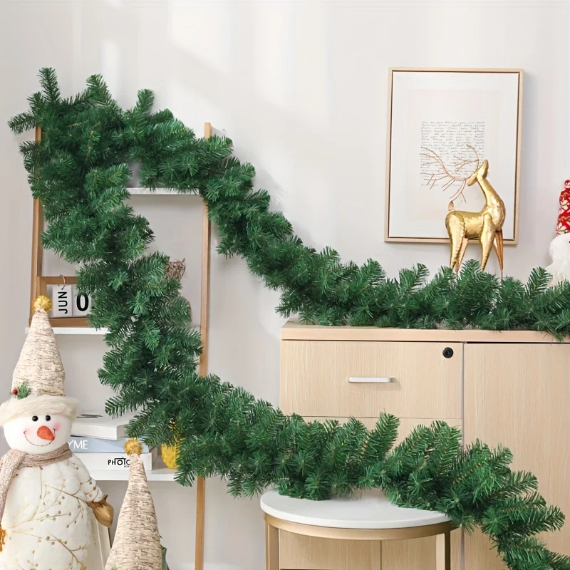 2pcs, 17ft Christmas Rattan Garland Decoration, Non-illuminated Artificial Garland For Outdoor Or Indoor Use, Premium Quality Soft Green Holiday Decoration For Home Garden, Wedding Party Decoration