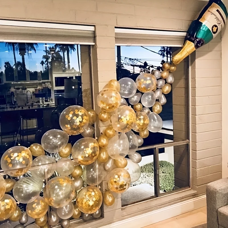 88pcs Shimmering Champagne Bottle Balloon Garland Arch Kit - Festive New Year Decorations - Golden & Silvery Transparent Balloons for Birthday, Wedding, and Anniversary Celebrations