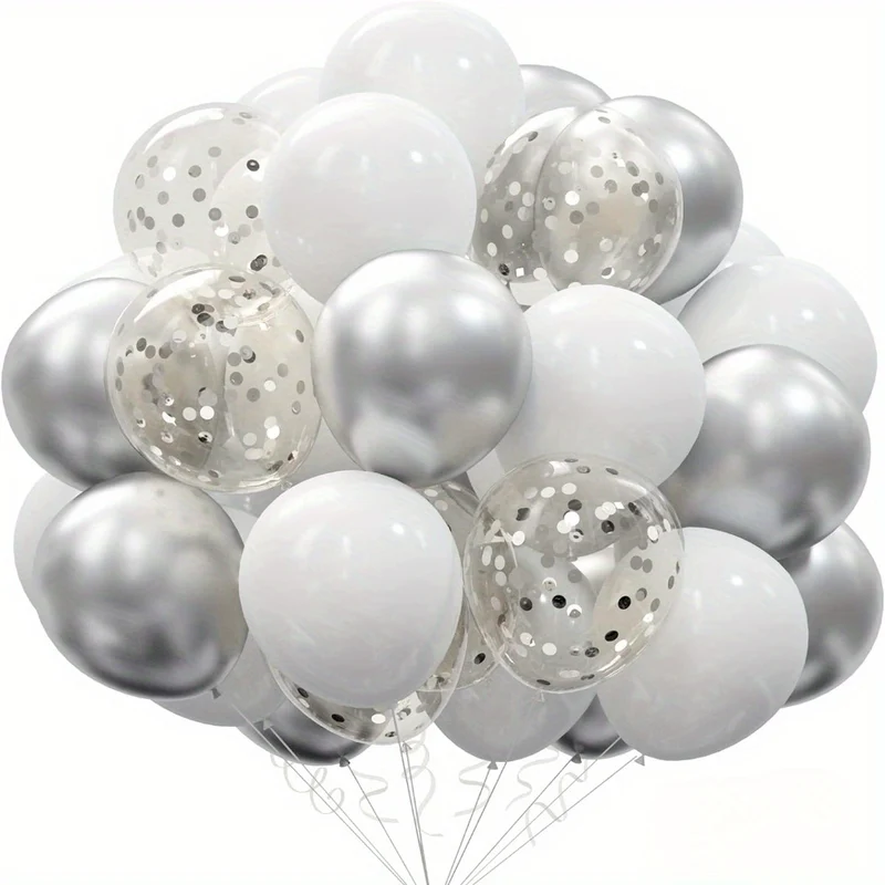 50pcs Elegant White & Silvery Balloons - 12 Inch Matte Metallic Latex, Perfect for Birthday, Shower, Bridal, Wedding, Anniversary, And Prom Decorations, Birthday Photo Prop, Party Scene Enhancer, Birthday Party Decor | Elegan