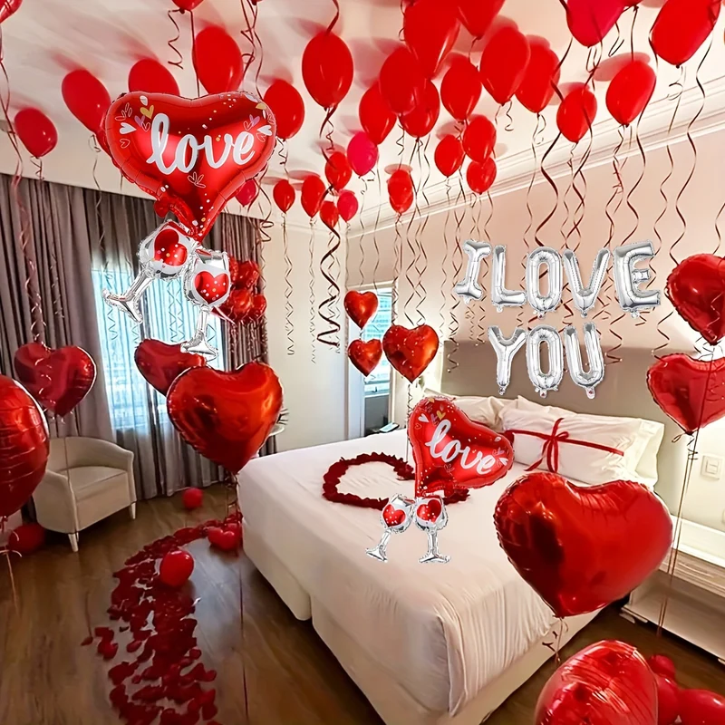 224pcs Romantic Balloon Set for Weddings & Valentine's Day - Includes 16" Silvery 'I Love You' Banner, Heart-Shaped Red Balloons, Cheers to Love & Rose Petals - Perfect for Anniversaries, Engagements & Proposals, Perfect for