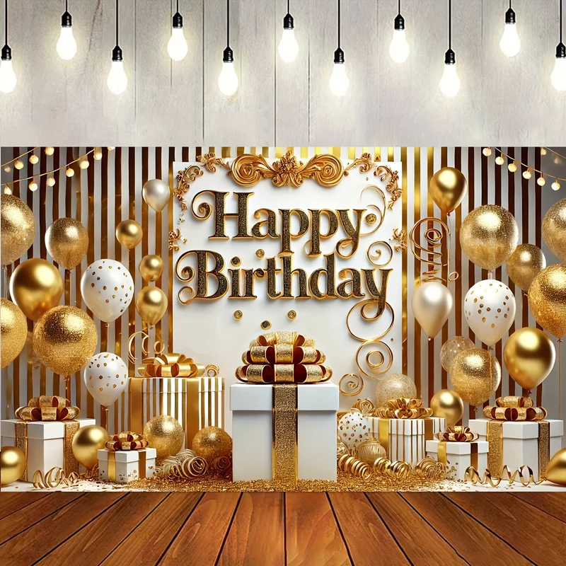 Golden & White Happy Birthday Banner - 70.87x43.31" Polyester Party Decoration Backdrop, Elegant Balloon Design Photography Prop, No Balloons Included
