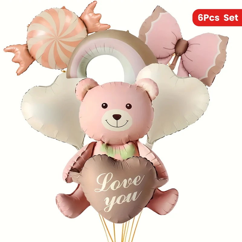 [Mixed Colors Aluminum Film Balloons] 6pcs Bear & Candy Balloon Set - Perfect for Birthdays, Anniversaries, Engagements | Mixed Colors, Oval Shape, Aluminum Film