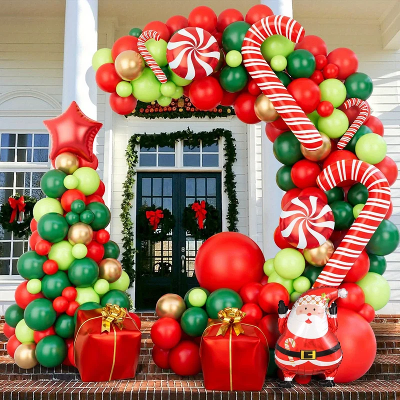 149pcs Christmas Balloon Arch Kit - Festive Red, Golden & Green Latex & Foil Balloons with Santa, Candy Canes & More - Perfect for Holiday Party Decorations