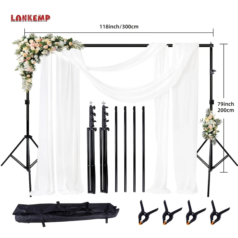 LANKEMP Background Support 10X7 Ft (W X H) Photo Studio Adjustable Metal Background Support, Balloon Arch Support Kit, with 4 Cross Bars, 4 Background Clips, Party Wedding Event Decoration