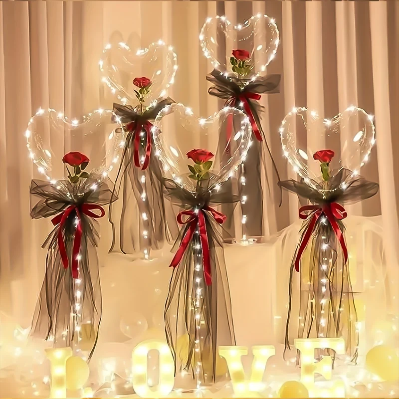 2pcs MZYi.LINGER LED-Lit Heart-Shaped Rose Bobo Balloon Bouquets - Romantic Mixed Color Faux Roses with Illuminated Love Heart for Valentine's Day, Bridal Gifts, Engagements, Weddings, Birthdays & Party Decorations, Bouquet A