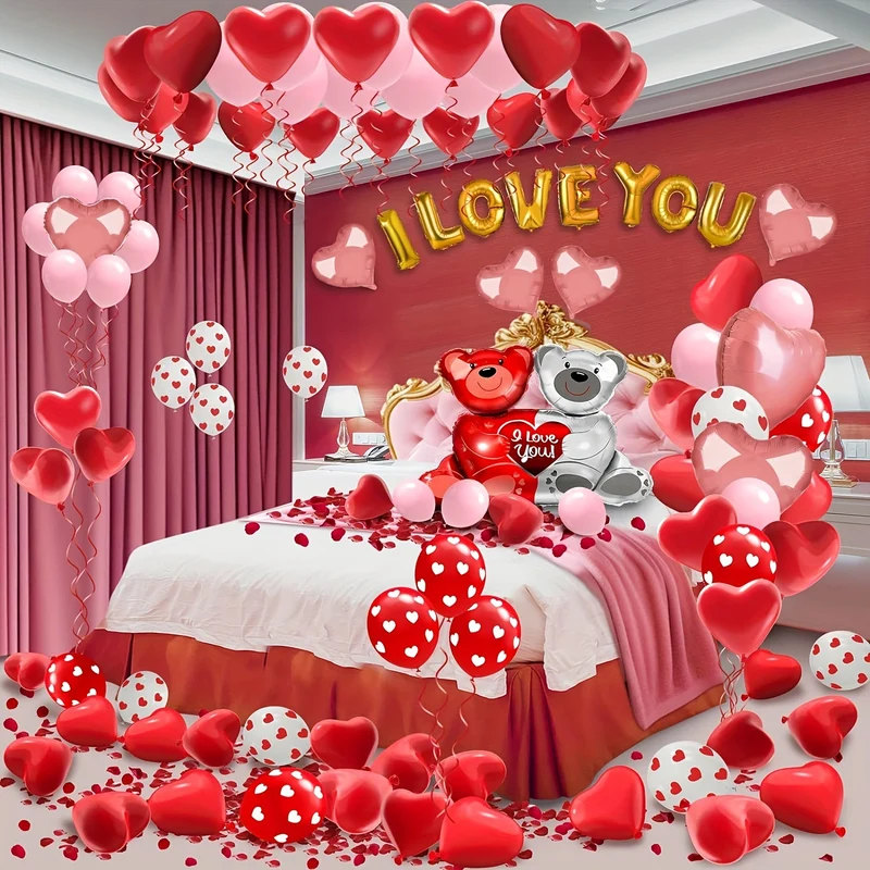 KADUOS 1054pcs Valentine's Day Balloon Kit - Romantic Pink, Red & Golden Decor with "I Love You" & Heart-Shaped Balloons + 1000 Silk Rose Petals for Proposals, Weddings & Anniversaries, Valentines Decorations, Perfect for Win