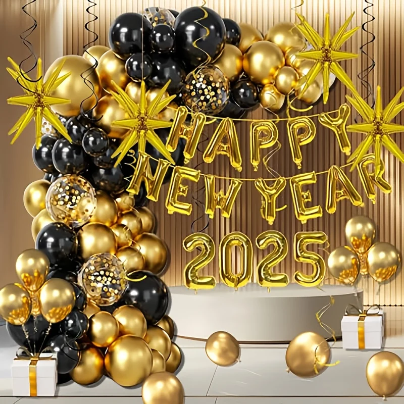 156pcs Black & Golden Balloon Arch Kit - 2025 Happy New Year Numbers, Alphabet & Exploding Star Balloons for New Year's Eve Party, Christmas Decor, Family Gathering Backdrop & Photo Props