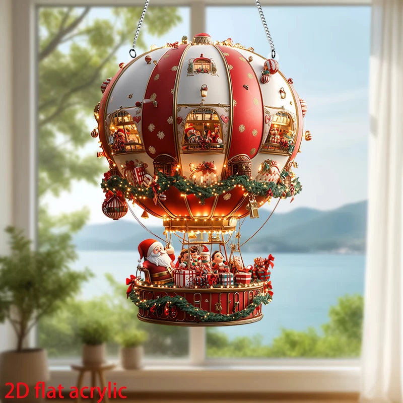 1pc, Christmas Hot Air Balloon with Santa and Gifts Sign (9.8in*7.7.5in), Bohemian Style Acrylic Window Hanging Decor, Wall Mounted Festive Ornament for Bedroom & Living Room, Home & Kitchen Decor, Christmas Gift Idea