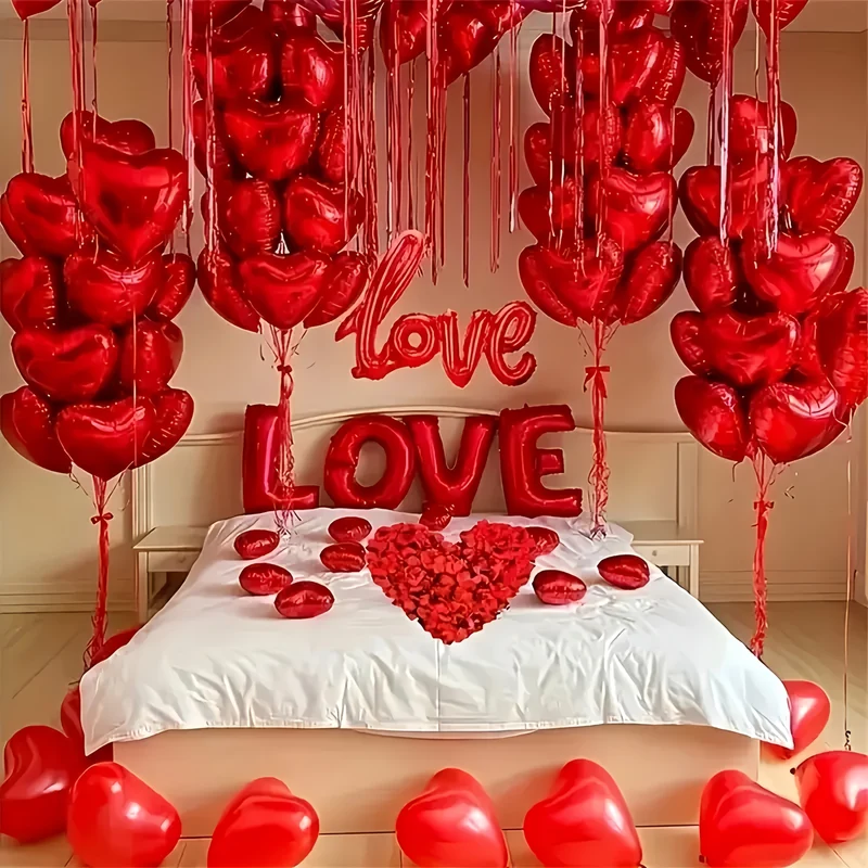 1 Set Romantic Valentine'S Day Balloon Decoration Kit, 500 Red Rose Petals, 20 Red Heart Foil Balloons, 1 Love Letter Balloon, Ideal for Proposal, Engagement, Wedding, Anniversary, Valentine'S Celebration, Confession, Versati
