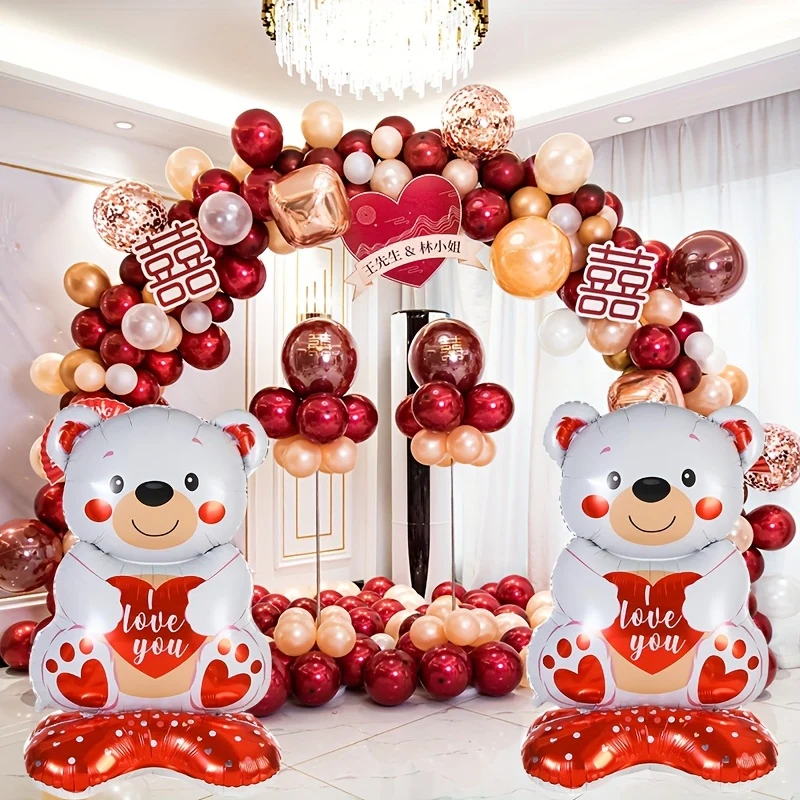 1pc Valentine's Day Teddy Bear Balloon Set with 58" Self-Sealing Heart Aluminum Balloons, "I Love You" Design - Ideal for Romantic Proposals, Weddings & Anniversaries, Valentines Decorations