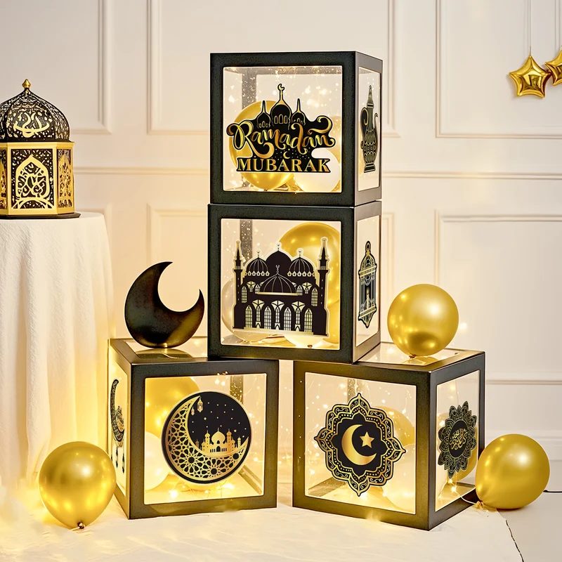 4pcs Ramadan Celebration Balloon Boxes - Eid Mubarak Decor with Star & Moon Designs, Perfect for Home & Living Room Indoor Decorations