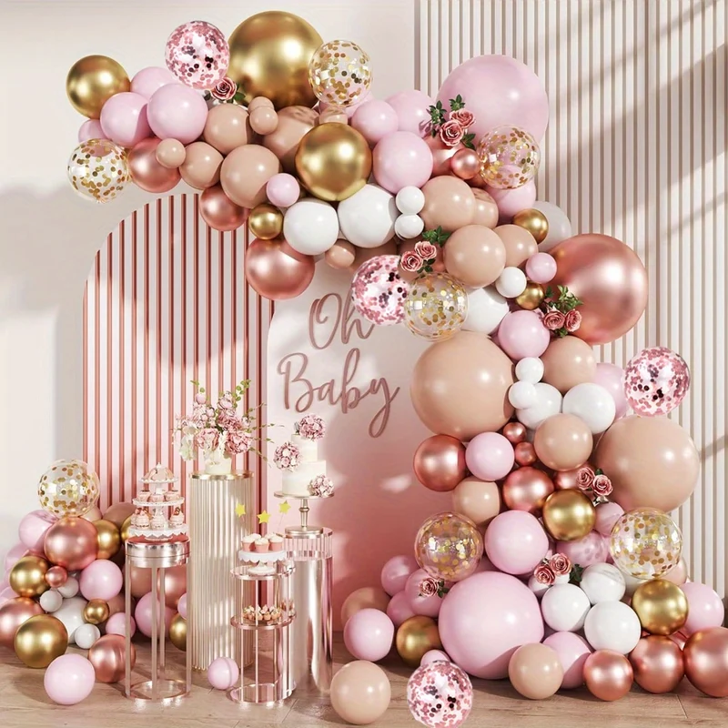 Rose Golden Balloon Garland Kit, 130pcs Nude Pink Golden & White Balloons With Confetti For Wedding, & Bridal Shower Decorations, Girl Birthday Party Decor