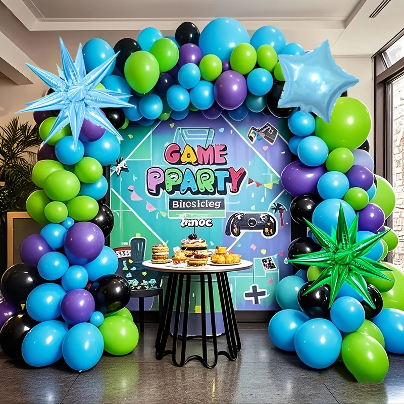Game Themed Balloon Arch Set, 127pcs Blue, Green, Black, Purple Latex Balloons (18/10/5 Inches), Equipped with Explosive Star (22 Inches), Gamepad Foil Balloons, Suitable for Birthday Parties, Bachelor Parties