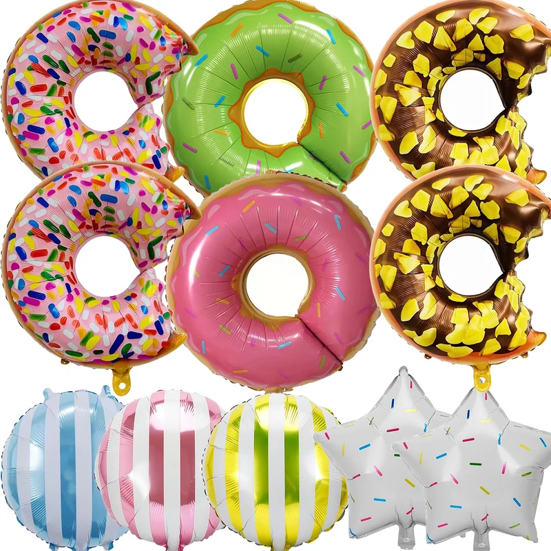 11pcs Large Donut Foil Balloons, Big Polyester Film Donuts for Kids' Birthday Party and Wedding Decorations - Cute Donut and Candy Shapes, Perfect for Children's Parties to Provide Great Decoration Effects, Donut-Themed Celeb