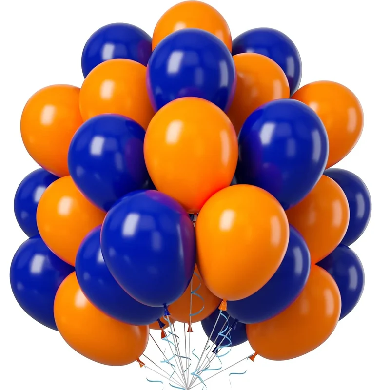 52PCS Blue and Orange Latex Party Balloons Set for Birthday Decoration Supply with Strip and Ribbon