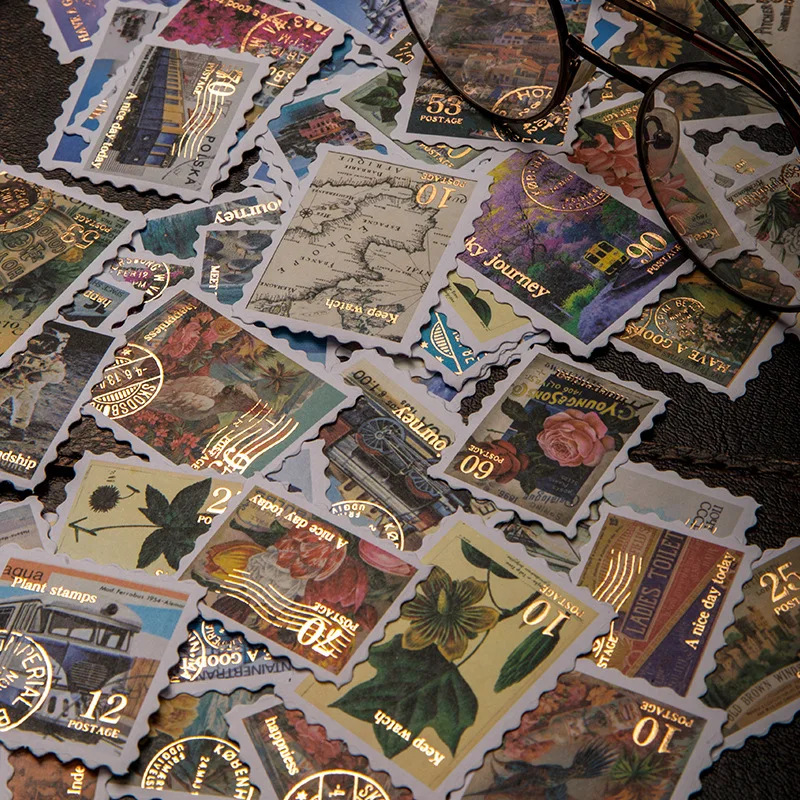 6style 30 pcs Travel Philatelic Stamp Decorative Gold Stickers DIY Scrapbook Label Diary Stationery Album Journal Sticker