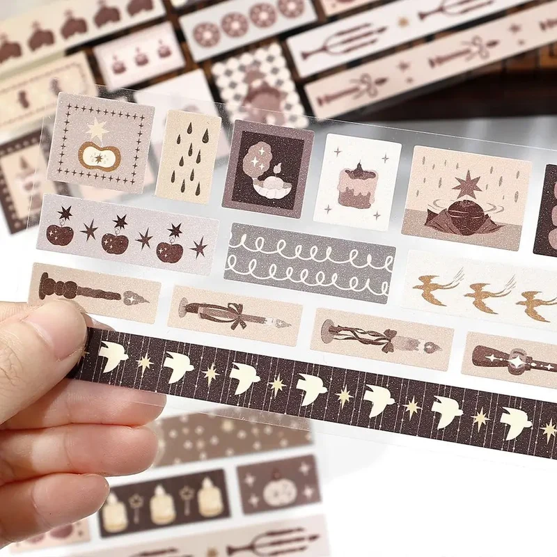 6pcs Long Strip Flash Sand Die-cutting Sticker Collage Junk Journal DIY Diary Album Scrapbook Background Decoration Sticker