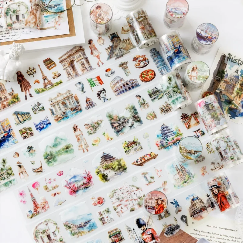 6Style 1Roll/bag Travel Scenic Story Series Die Cut Tape Creative DIY Handbook Scrapbook Phone Case Card Hang Tag
