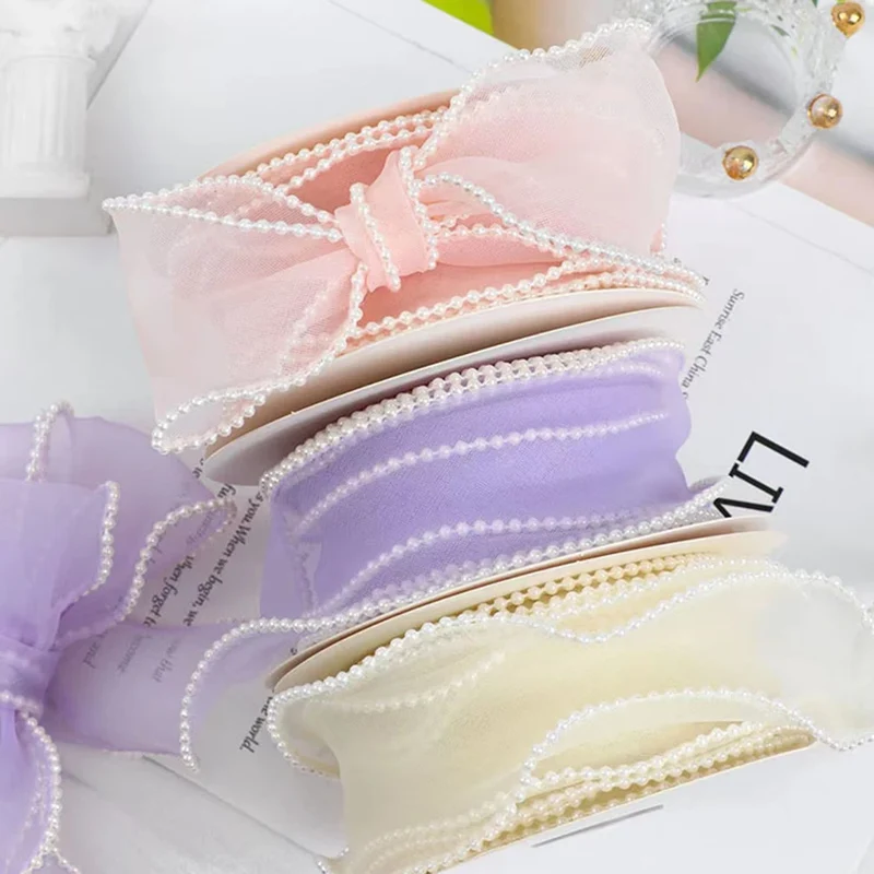 H861 5Y/roll 4CM Width Pearl Mesh Gauze Bow Organza Lace Trim DIY Flower Bouquet Packaging Ribbon Wedding Lace