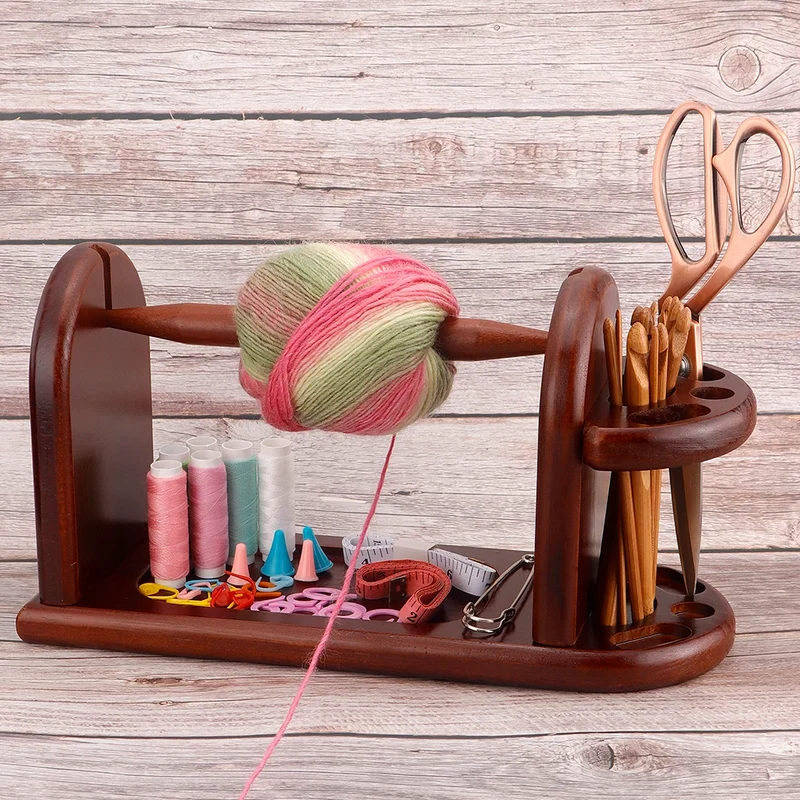 1pcs Burgundy Red Wooden Desktop Yarn Holder with Storage Rack- DIY Knitting & Crochet Wool Yarn Rotating Winder Organizer Stand