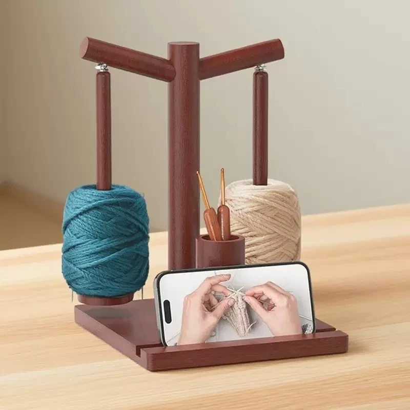 YUNFAN Wooden Yarn Winder Stand Rotating Double Head with Phone Holder for Knitting Crochet Thread Ball Organizer Craft Tool