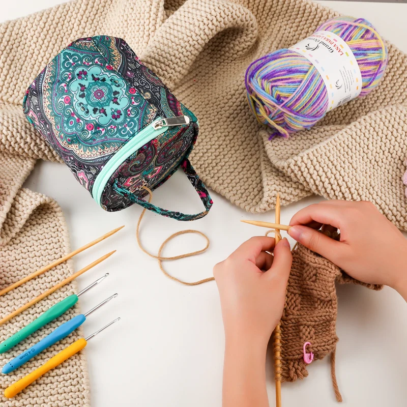 Portable Round Yarn Storage Bags Knitting Wool Yarn Bags Organizer Waterproof Crochet Hooks Bag for Sewing Accessories Tools