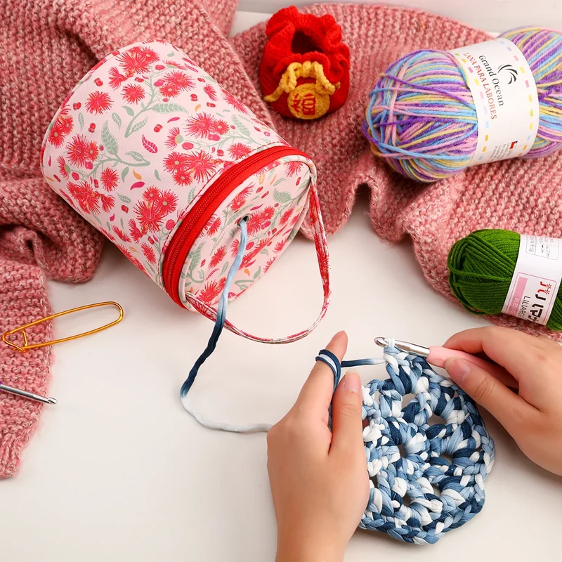 Round Yarn Handheld Storage Bag Portable Knitting Bag with Thread Hole DIY Yarn Sewing Tools Organize Crochet Hook Storage Bag