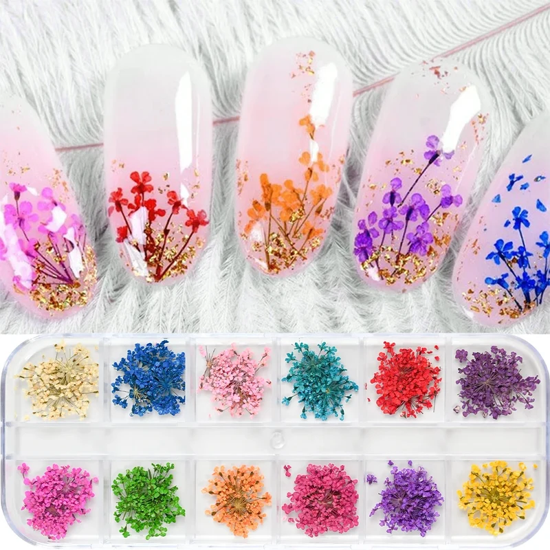 12Grid Colorful Dried Flower For Nail Charms Natural Floral Sticker Mix Dry Flowers Decal DIY UV Gel Polish Nail Art Manicure