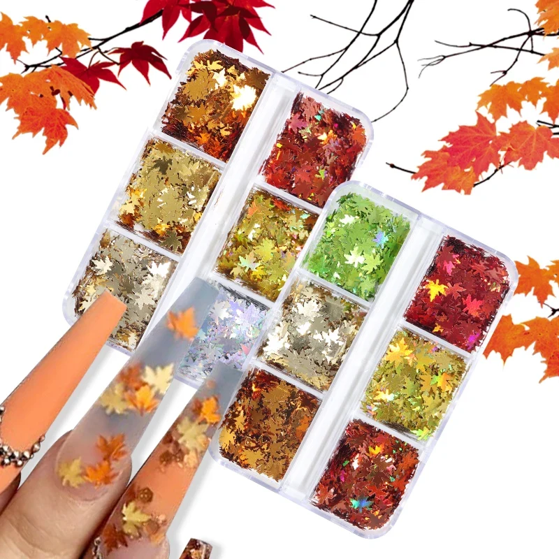 6 Grids Maple Leaf Nail Art Glitter Flakes Holographic Fall Leaves Sequins For Nail Design Christmas Glitter Paillettes Manicure