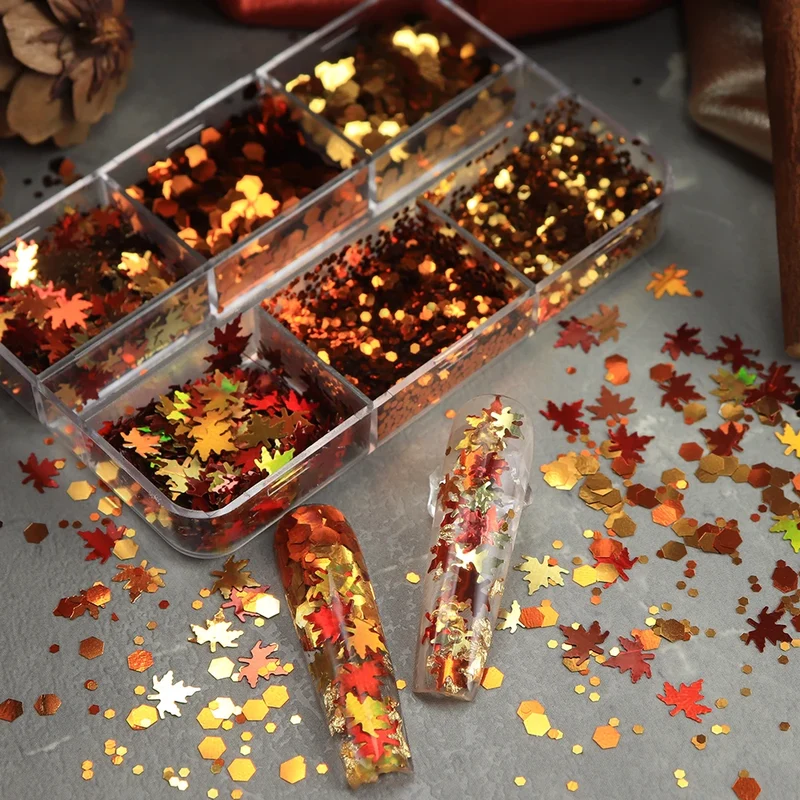 Autumn Glitter Sequins Epoxy Resin Mold Filling Mixed Maple Leaf Hexagons Paillettes Fall Decoration DIY Keychains Crafts Making