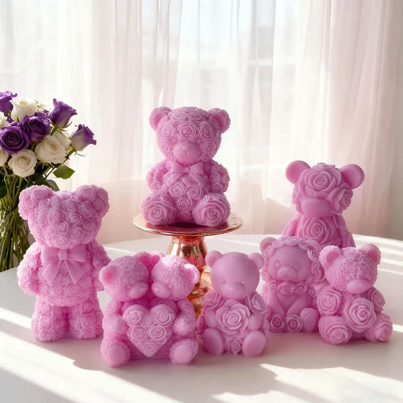 Rose Bear Silicone Mold Valentine Candle Wax Mold DIY Aromatherapy Plaster Diffuser Stone Craft Gift