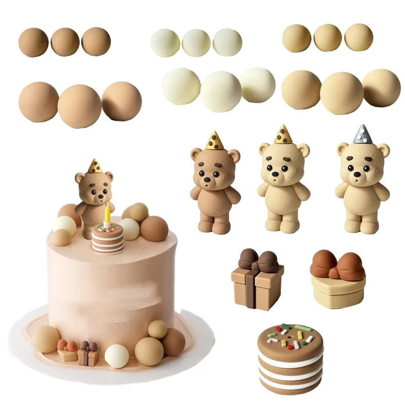 Bear Balls Cake Toppers Teddy Theme mini Cake, Gift Boxes for Kids Happy 1st Birthday Cake Decoration Baby Shower Party Decor