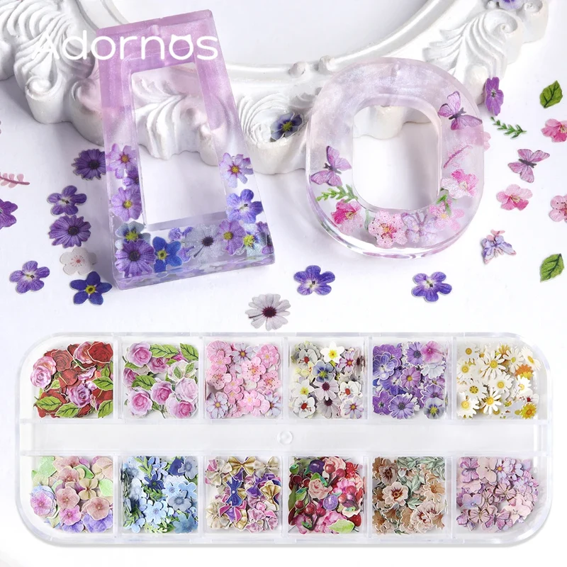12 Grids Flower Wood Pulp Chips Epoxy Resin Filling Rose Iris Vetiver Flower Butterfly Shape Decorative Paper Flower DIY Crafts