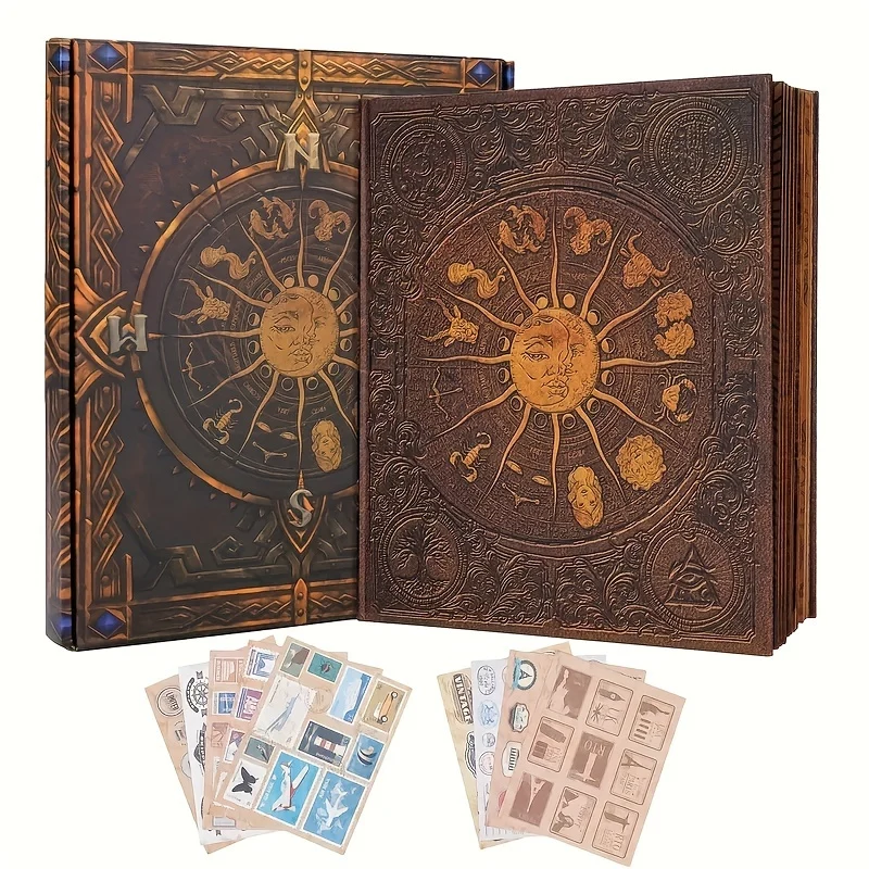Vintage Leather Photo Album with Zodiac & Magical Castle Embossing - 128 Pages DIY Scrapbook with Rubber Band Tie, Bookmark Tape & Strong Stitching - Includes Accessories for Travel Journal, Valentine's, Mother's, Father's Da