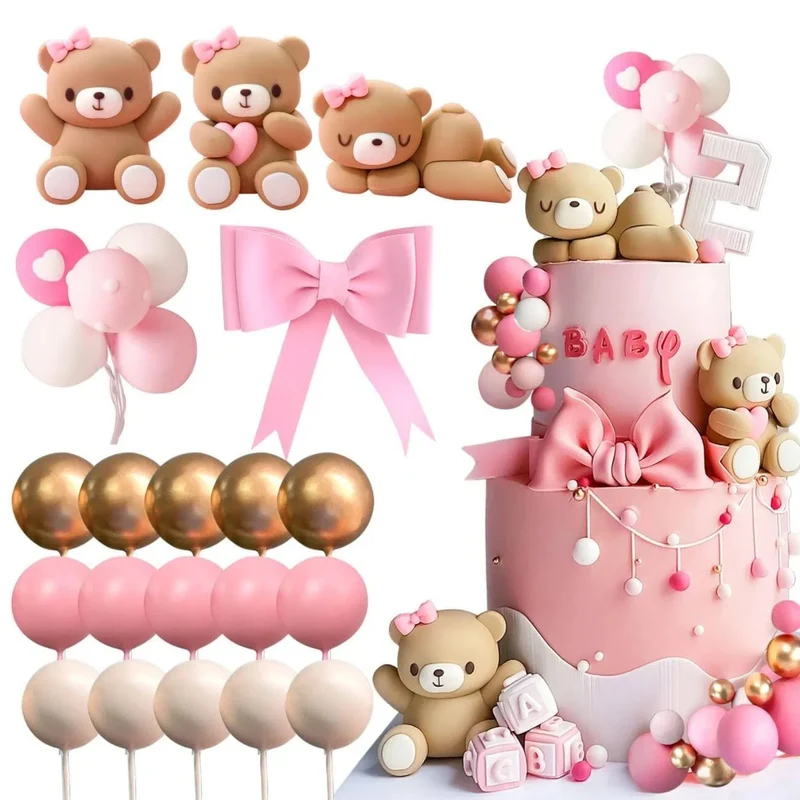 Luxury Teddy Bear Cake Decoration Bear Birthday Cake Topper With Bow for Baby Shower Girl's Birthday Party Supplies