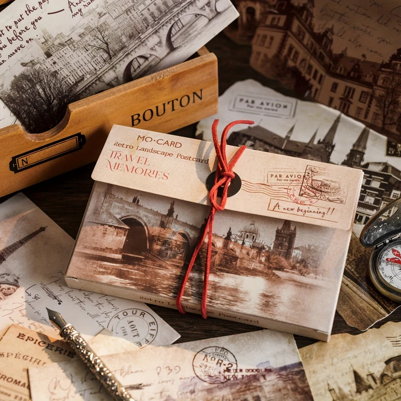 30pcs/box postcard, vintage architectural landscape English old newspaper scrapbook accessories decoration, read marked cards Mother's Day greeting cards