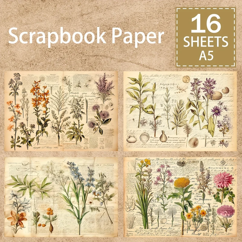 Vintage Floral Scrapbook Paper Pack - 16 Sheets A5 Botanical Antique Style Craft Paper for DIY Junk Journaling, Greeting Cards, and Planner Embellishments, High-Quality Bristol Paper Material