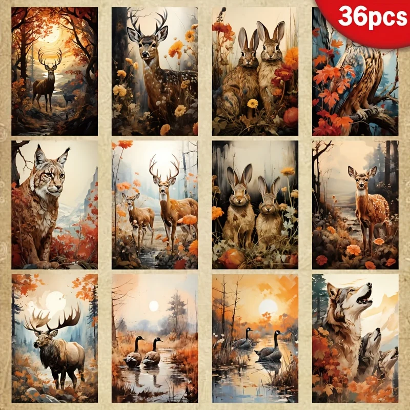 36 Sheets A5 Jungle Animals Scrapbook Paper - Autumn Forest Theme with Deer, Rabbits & Wolves, High-Quality Recyclable DIY Craft Paper for Greeting Cards, Bullet Journals, and Decorative Packaging, Forest Scrapbook Paper