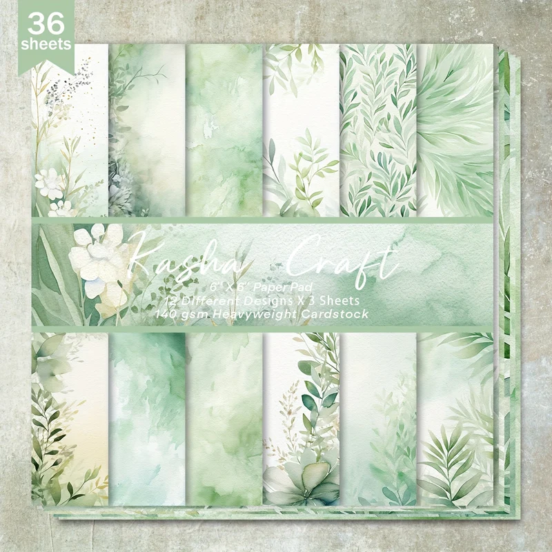 36-Sheet Heavyweight Cardstock Scrapbooking Paper Pad, 6"x6" Greenery Watercolor Leaves Pattern Background for Bullet Journaling, Collage Art, Greeting Cards, Scrapbook & Crafts, Floral Design Pack