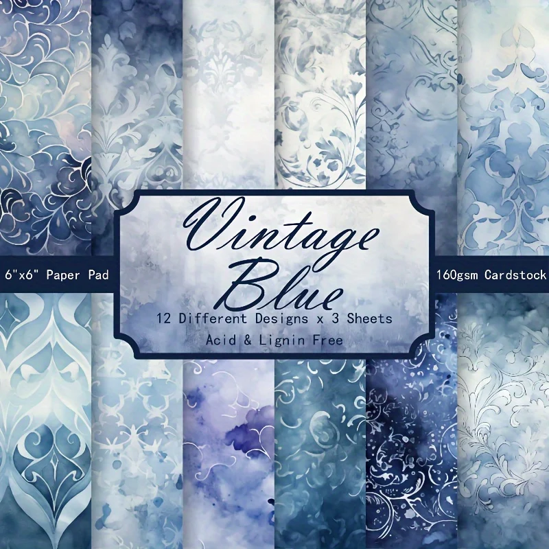 36 Premium Vintage Blue Patterned Scrapbook Paper Album Kit - Vibrant Decorative Backgrounds, Art Cards, Grunge Journal Paper Clips - Perfect for Creative Handmade Accounts, 6X6 Inch Square - For Scrapbooking Enthusiasts & DI