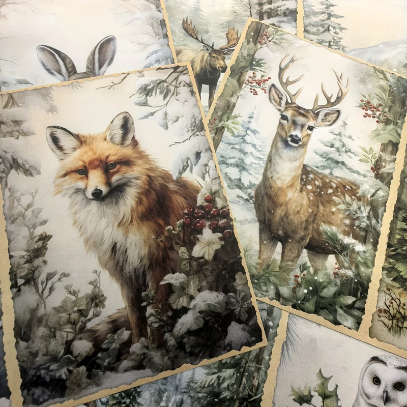 Vigus10pcs Forest Winter Snow Scene Animal Description Garbage Diary Magazine Scrapbook Thin Handbook A5 Size Handmade Paper