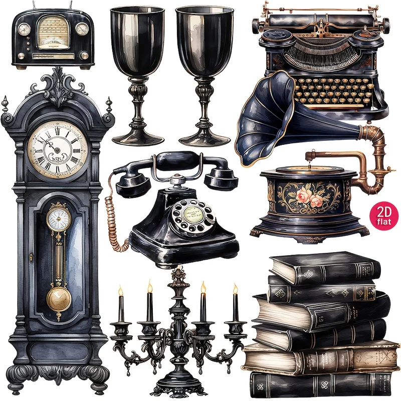 A Pack of Vintage Object Scrapbook Stickers Featuring 2D Designs of Old Clocks, Gramophones, And Telephones for Journaling. These, Adhesive-Free Decorations Are Perfect for Photo Albums And Crafting.