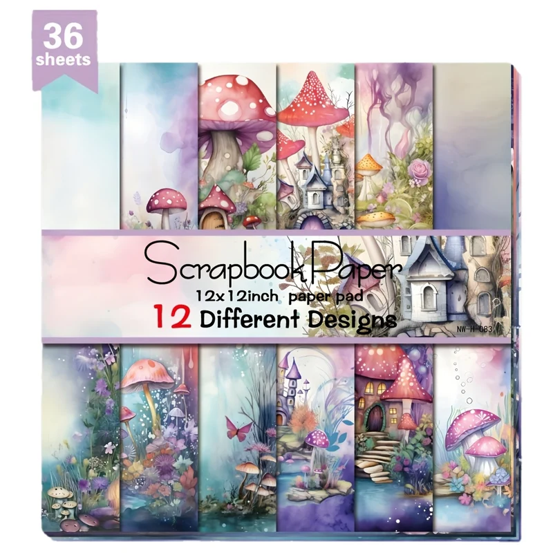 36pcs Fantasy Scrapbook Paper, 12x12 Inch Decorative Craft Sheets, Mixed Color Mushroom & Fairy Tale House Designs, for Scrapbooking, Gift Wrapping & DIY Albums