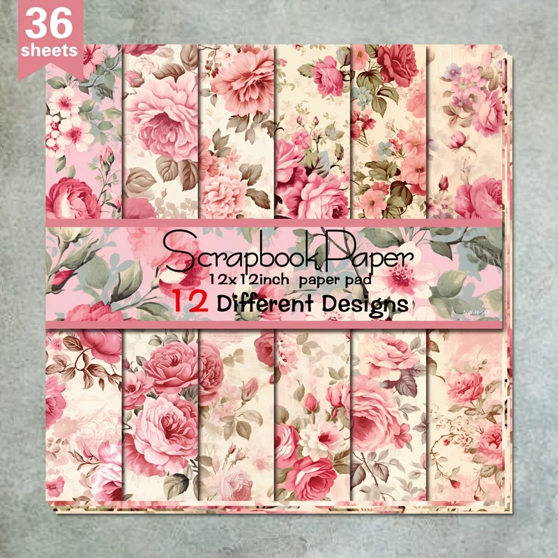 36 Sheets 12"x12" DIY Scrapbook Paper, Pink Flowers Material Paper Colorful Decorative Gift Scrapbooking Supplies Kit Aesthetic Decorative Gift Wrapping Album Paper Craft Supplies